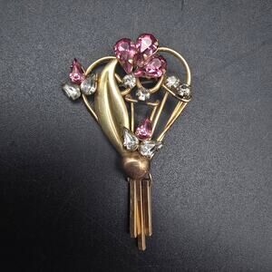 Star Art 12K Gold Filled Brooch Pink Rhinestone Floral Bouquet